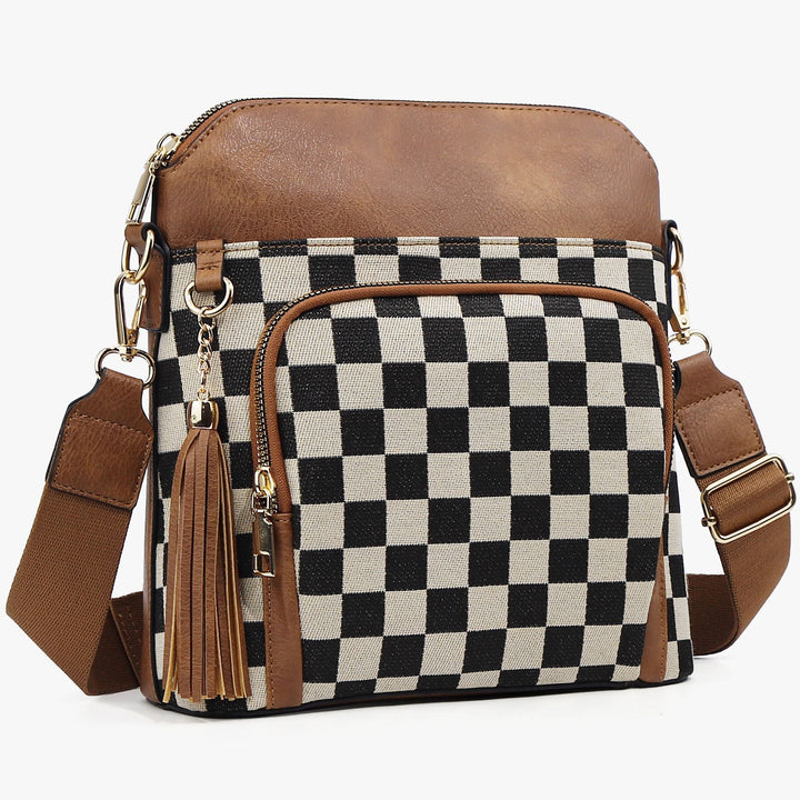 Checkered Crossbody Bag in PU Leather & Canvas | Lightweight Shoulder Bag for Women