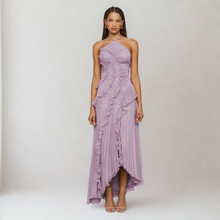 Pleated Frill Halter Neck Maxi Dress