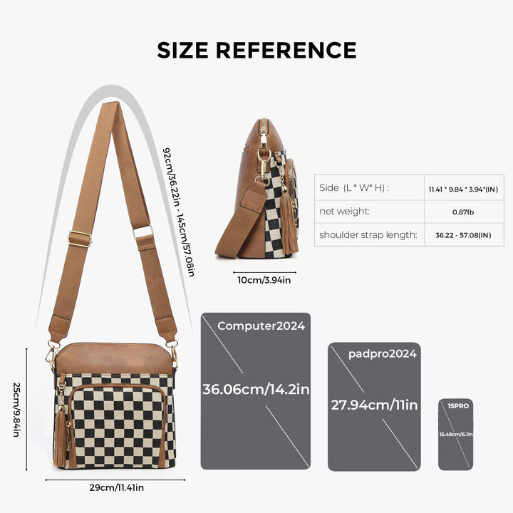 Checkered Crossbody Bag in PU Leather & Canvas | Lightweight Shoulder Bag for Women