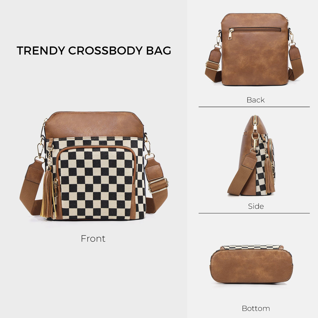 Checkered Crossbody Bag in PU Leather & Canvas | Lightweight Shoulder Bag for Women