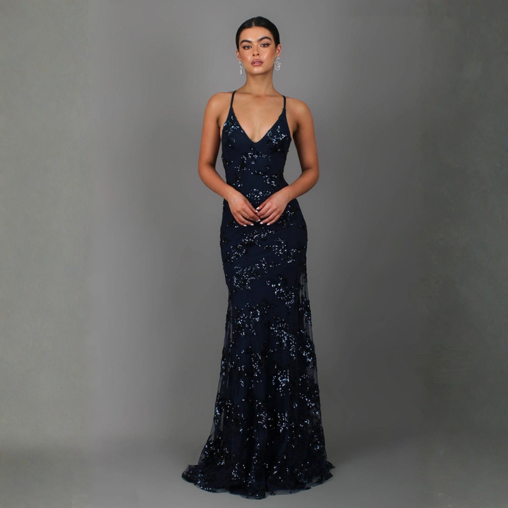 JADORE - Formal Dress with Sequin Overlay & Backless Lace Up