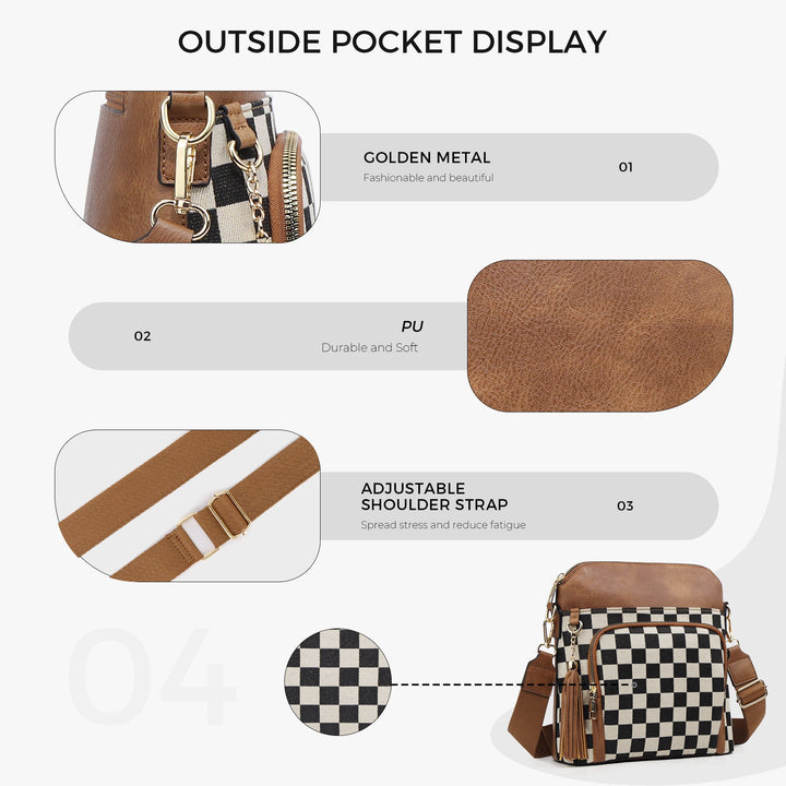 Checkered Crossbody Bag in PU Leather & Canvas | Lightweight Shoulder Bag for Women