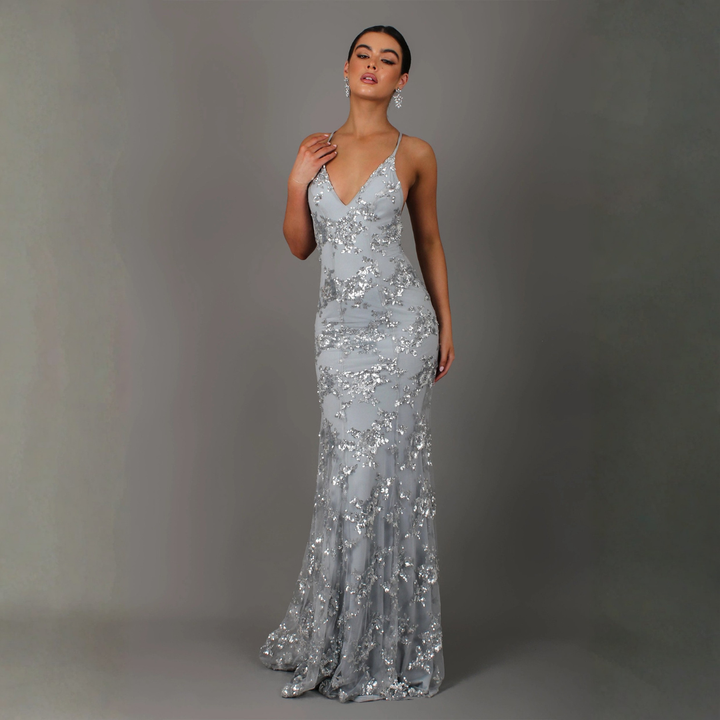JADORE - Formal Dress with Sequin Overlay & Backless Lace Up