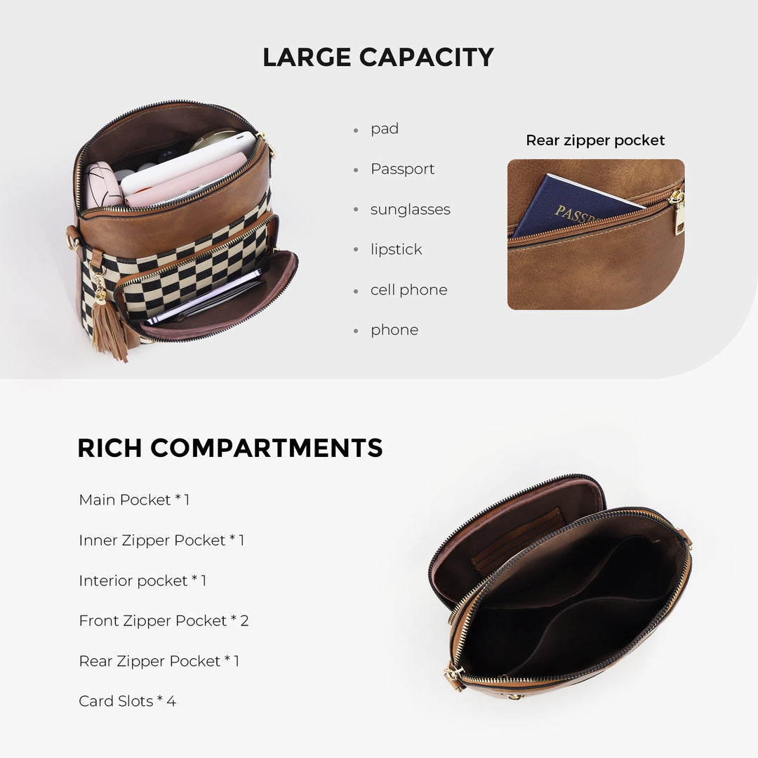 Checkered Crossbody Bag in PU Leather & Canvas | Lightweight Shoulder Bag for Women