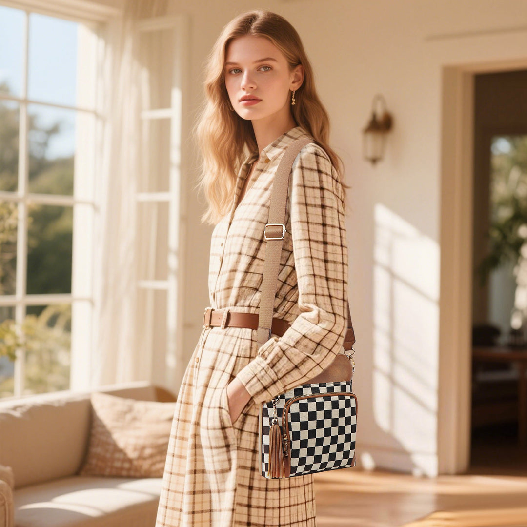 Checkered Crossbody Bag in PU Leather & Canvas | Lightweight Shoulder Bag for Women