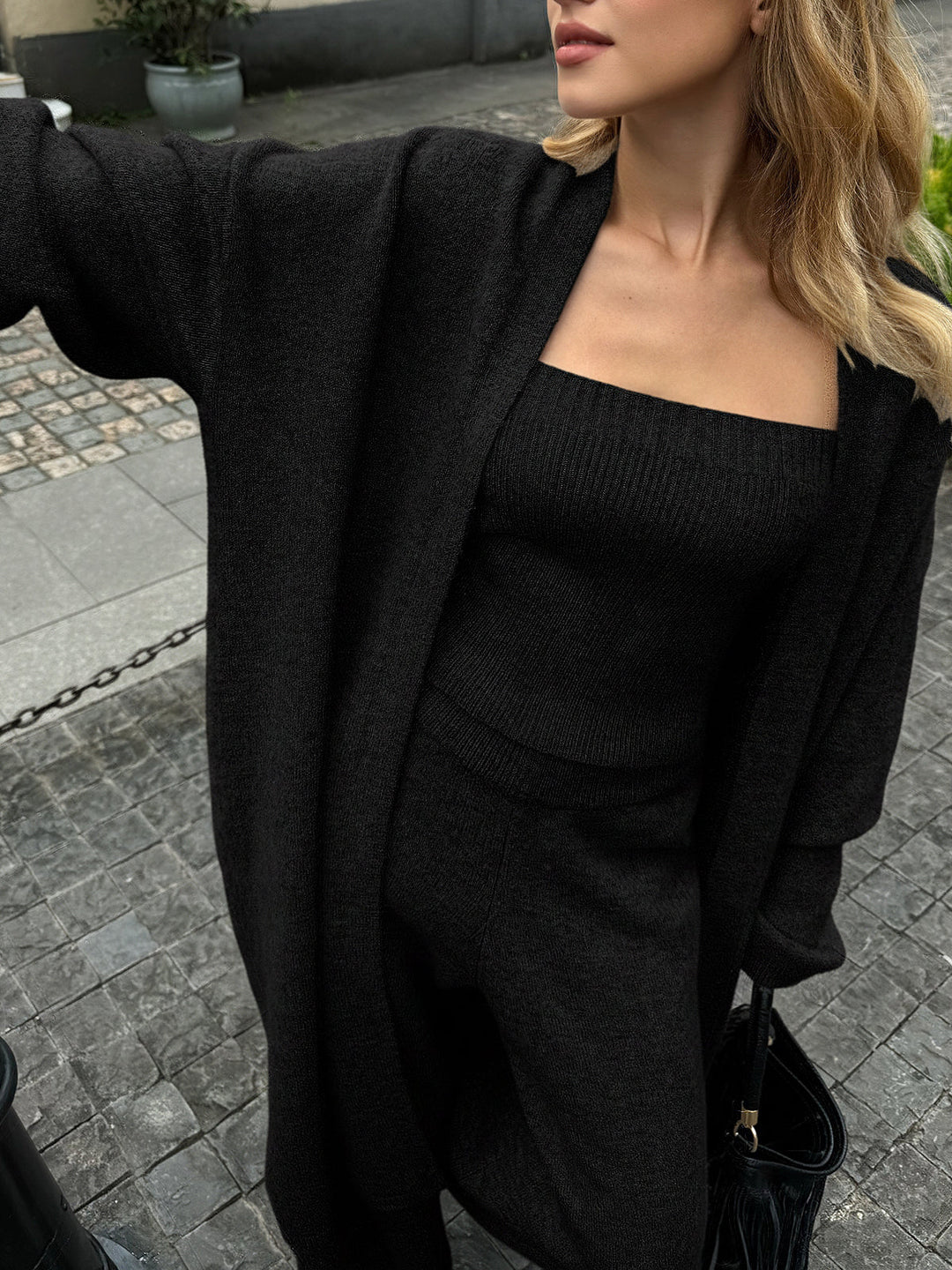 Three-Piece Knit Bustier Cardigan Pants Set