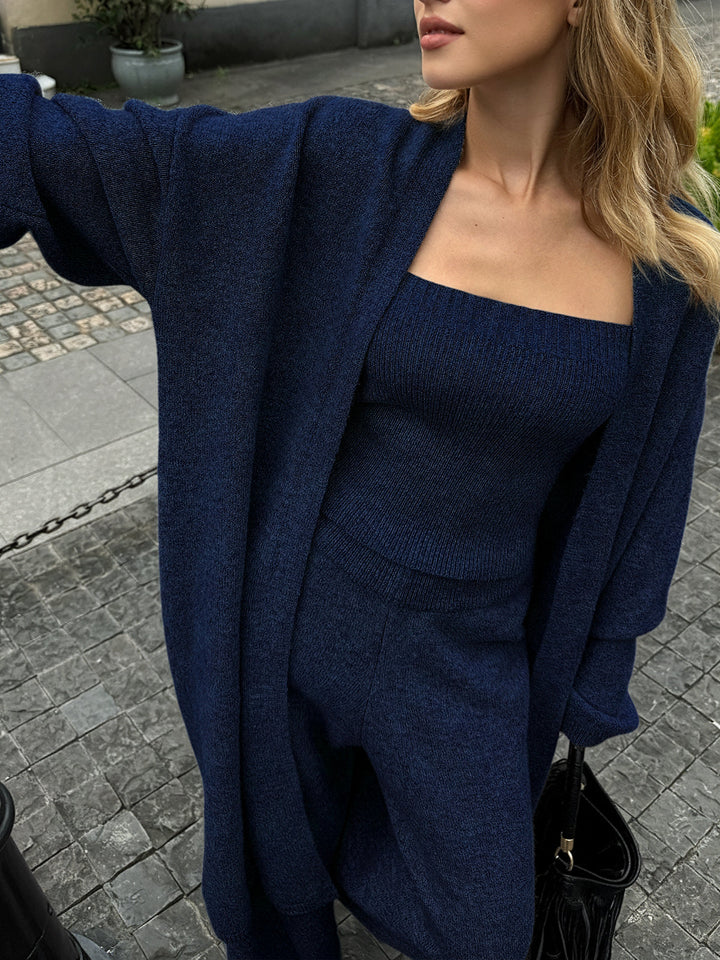 Three-Piece Knit Bustier Cardigan Pants Set