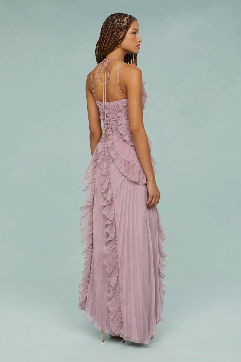Pleated Frill Halter Neck Maxi Dress