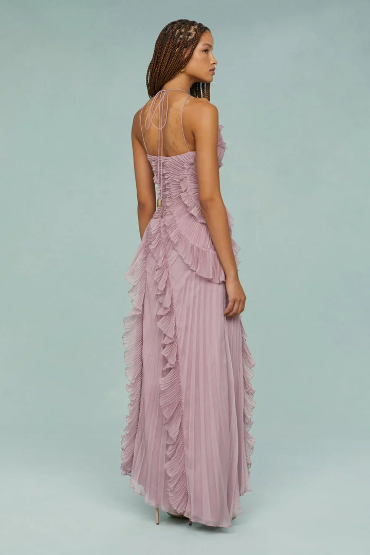 Pleated Frill Halter Neck Maxi Dress