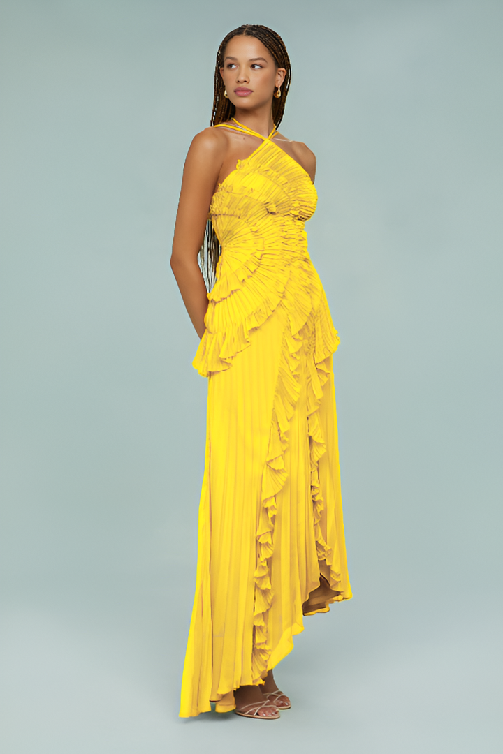 Pleated Frill Halter Neck Maxi Dress