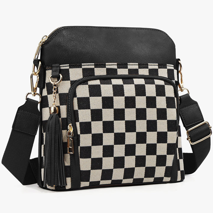 Checkered Crossbody Bag in PU Leather & Canvas | Lightweight Shoulder Bag for Women