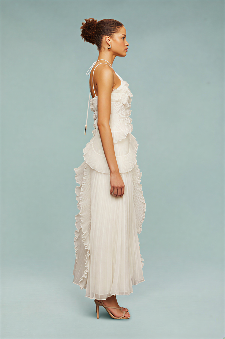 Pleated Frill Halter Neck Maxi Dress